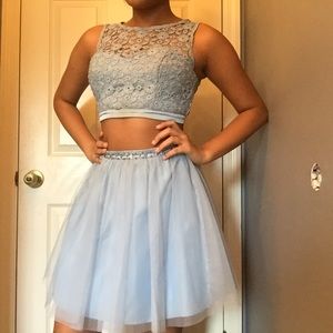 Two piece, baby blue, floral homecoming dress